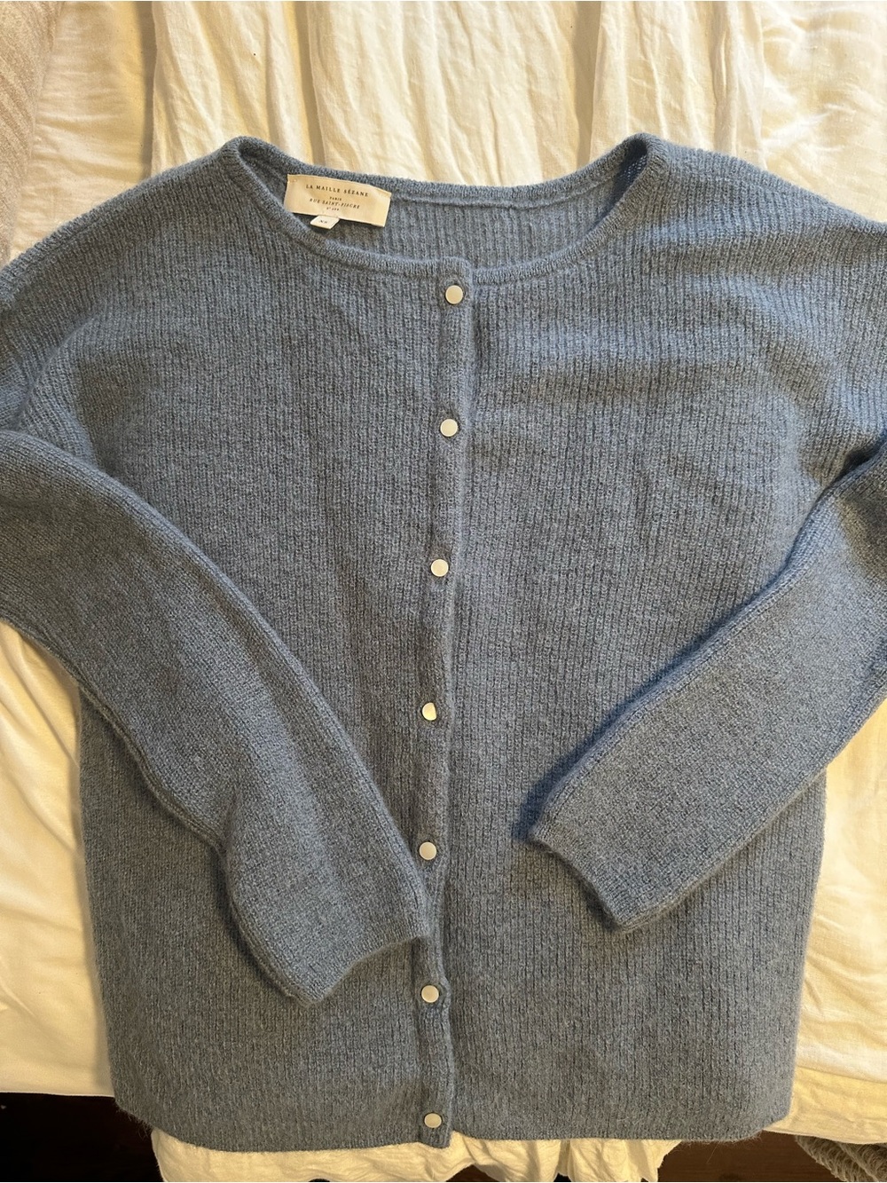 Sezane Gaspard Dusty Blue Button-Front Crewneck Cardigan